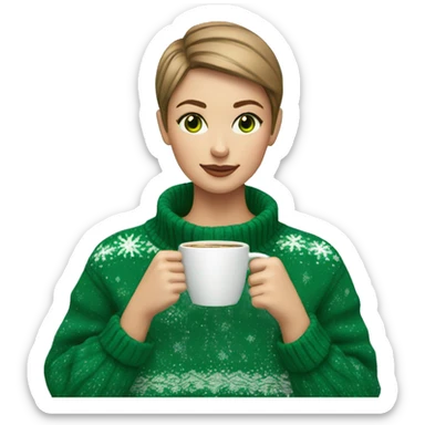 Light brown short haired girl with green eyes drinking coffee wearing blue Christmas sweater sticker
