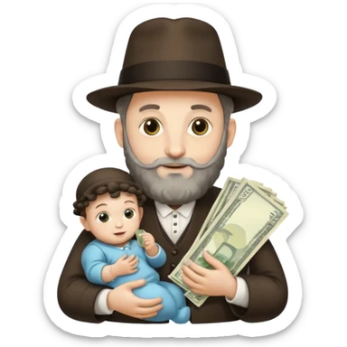 Jewish rabbi with two side curls holding money and baby sticker