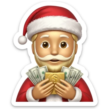 A confident rich emoji face wearing a Santa hat, money stacks, casino vibe, New Year theme, premium 3D emoji style, sharp details, no text, isolated on transparent background sticker