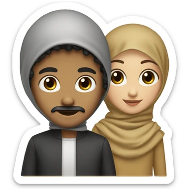 the brown boy has black short curly hair, goatee and moustache, black eyes. The girl has hijab  sticker