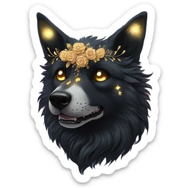 Black iridescent fluffy dog fox head zombie skeleton gold mechanical nebula galaxy stars flowers fairy lights vintage sticker