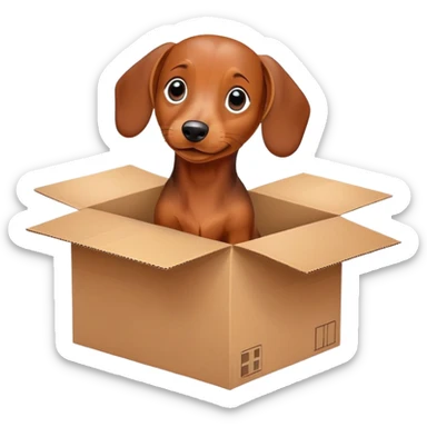  A very cute young Dachshund  with one's head tilted to one side poked its paws out of the cardboard big box and placed them on top of it sticker