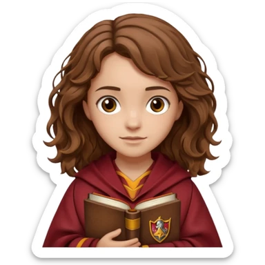 Illustrate Hermione Granger with wavy brown hair, Gryffindor robe & holding a book or wand sticker
