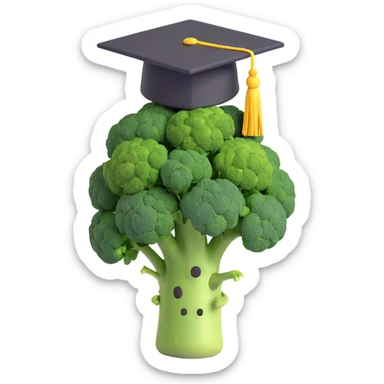 broccoli with a graduation cap sticker