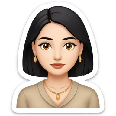 Oval face, medium warm skin, almond-shaped dark brown eyes, arched eyebrows, full lips, LONG sleek black hair (center-parted), small earrings, delicate necklace, and a confident slight smile. sticker