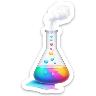 A bubbling chemistry flask filled with a glowing, colorful liquid. Tiny, unfinished emoji icons float above it, as if forming from the experiment. Soft mist rises from the flask, creating a mystical and creative atmosphere. Flat, minimalist digital illustration, empty state design, neutral background. sticker