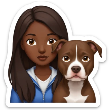girl with dark brown long hair with her pitbull dog brown and white sticker
