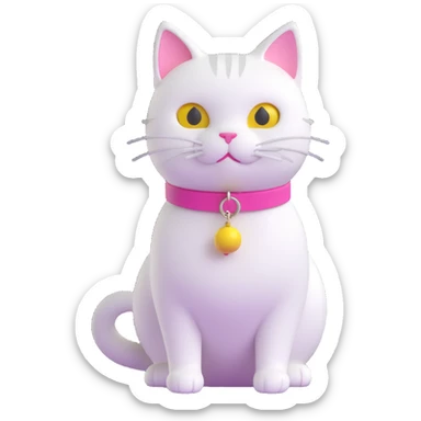white cat with pink collar and yellow bell around neck sticker
