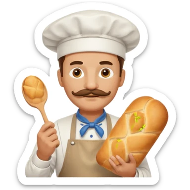 Middle aged male pastry chef - with a mustache, apron, white hat, holding bread sticker
