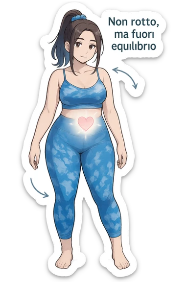 stile manga a woman stands in a relaxed pose, with a gentle, confident expression. Her body is shown with subtle, curved lines or arrows indicating areas of imbalance (such as a slight tilt in the shoulders or hips), but no signs of injury or damage. A soft glow or heart symbol at her core emphasizes resilience and the message “Non rotto, ma fuori equilibrio” The background is clean and clinical, with light blue tones. sticker