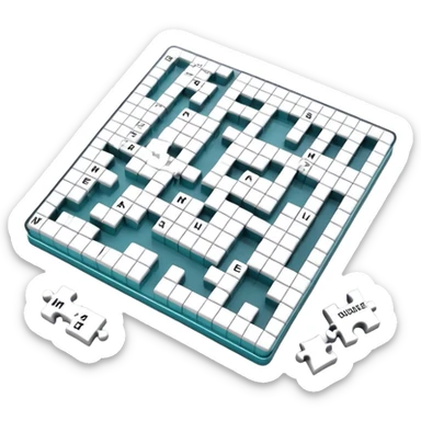 A photorealistic icon with a crossword magazine, a 3D puzzle and a partially completed puzzle on a table. Bright, detailed design with realistic lighting. Transparent background, clearly symbolizing puzzles and brain games. sticker