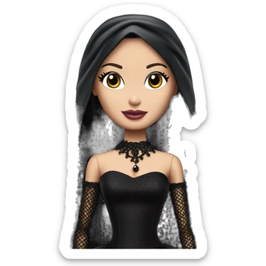 Principessa Barbie, teen Morticia Addams,cute,showing off, show full body,happily mourning accessories veil sticker