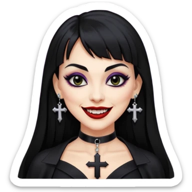 vampira com cabelo preto longo e liso e franja, olhos pretos, brincos em formato de cruz, choker em formato de cruz, roupa preta com decote, batom preto e sorrindo mostrando as presas de vampira sticker