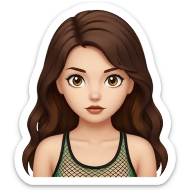 a pretty bratz fair girl with brown long hair styled well, looking like a baddie in a fishnet top and dark brown hair sticker