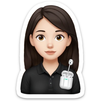 Girl with long dark brown hair with airpods wearing a black wegmans grocery store polo sticker