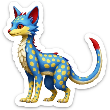 red blue and yellow spotted silly fantasy feline-vernid-sergal-fursona animal creature with a tufted tail full body with intricate markings  sticker