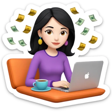 3D clay woman character relaxed with laptop and coffee in Paris, floating icons (dollars), colofrful modern outfit, white laptop, Pixar style, transparent background, black hair, fair skin,  sticker