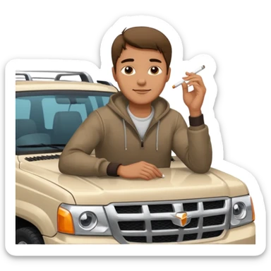 a hansome Leaning on the hood of his SUV with a cigarette sticker