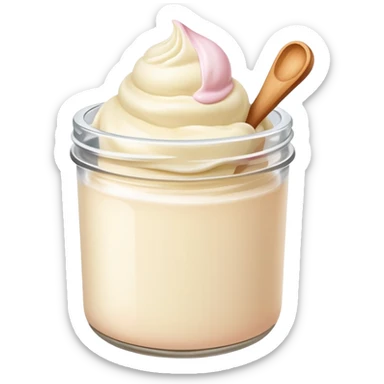 ultra realistic round single scoop of vanilla bean ice cream in light pink short jar no spoon sticker