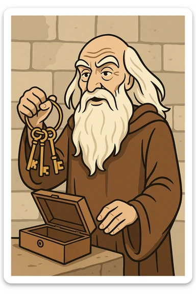 Père Fouras from Fort Boyard opening the keys to the fort, flat toon style, cartoonish, expressive face, old wise man with long white beard, brown robe, stone background sticker