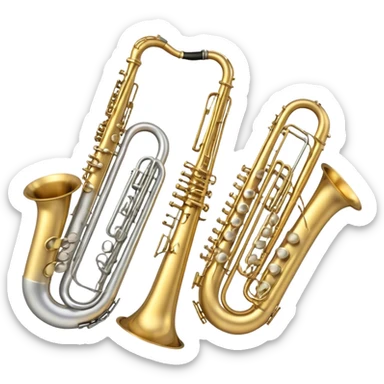 Create a professional, harmonious emoji collage symbolizing wind instruments.  The instruments should be in metallic gold, silver, and brass tones, with subtle reflections to convey a professional and polished appearance. Add soft musical notes or soundwaves to surround the instruments, creating a sense of movement and sound. The background should be transparent, ensuring all instruments are the focus and the composition remains harmonious and balanced. sticker