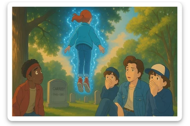 Max from Stranger Things levitating above a grave in a cemetery, back view, Dustin covering his mouth in fear, Lucas and Steve looking worried, Ghibli style, wide aspect ratio (16:9), supernatural glowing effects, cinematic lighting. sticker