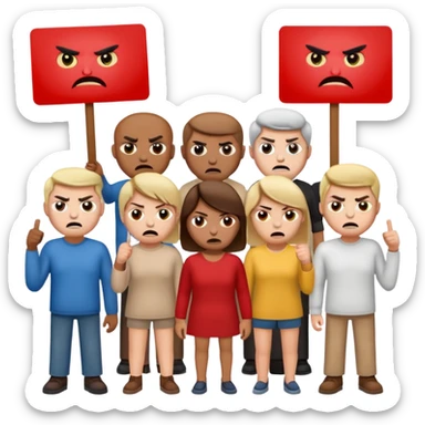 a crowd of people with angry faces and holding placards that read: we disagree sticker