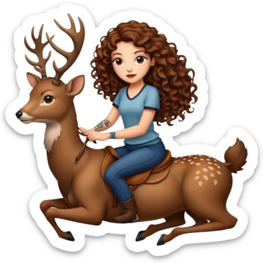 cute woman long curly brown hair tattoos riding calm deer sticker