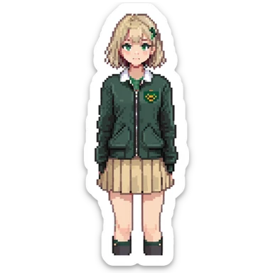 girl in a school uniform wearing a green polo, beige skirt, grey zipper jacket sticker