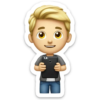 European boy takes pictures with his cell phone sticker