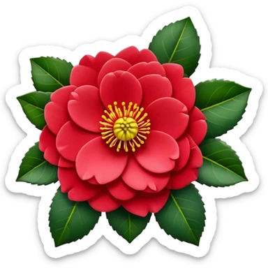 Classic camellia flower with perfectly arranged overlapping red petals, distinctive yellow stamens in center, and serrated glossy dark green leaves sticker