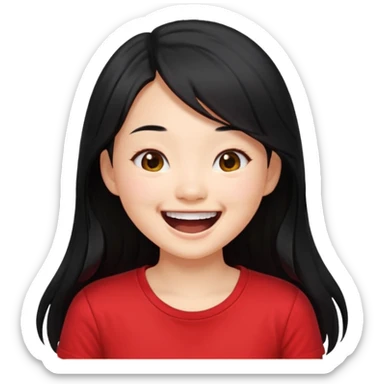 Cute asian girl with long hair and red t shirt who is laughing sticker