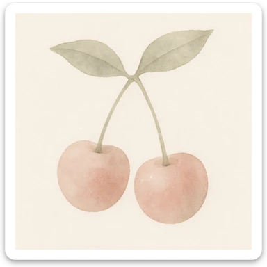 two cherries with green leaves, connected by stems, watercolor art style, soft edges, gentle shading, sparkle effect around the cherries sticker