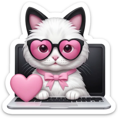 Black and white cat with pink ribbon and black cool sunglasses doing pink computer with pink heart sticker