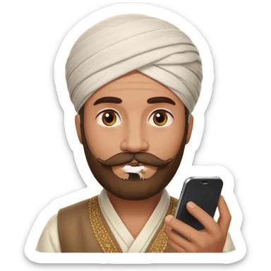 A man wearing imama sharif (traditional turban), with a beard and moustache, using a smartphone. The man looks focused while using the mobile. Realistic emoji-style illustration with soft lighting and warm tone sticker