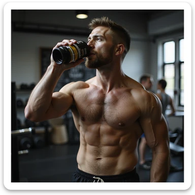 realistic image of a bodybuilder drinking a Citrulline and Nitrate supplement before workout, pumped muscles, gym environment, realistic details, visible supplement jars sticker