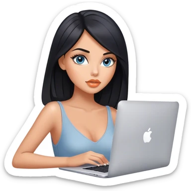 Glamours tanned very beautiful girl with pump peach nude lips and black straight smooth medium length hair, blue-grey eyes with MacBook sticker