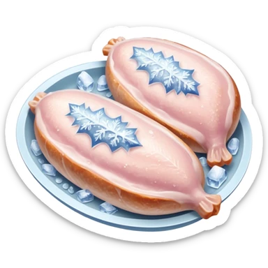 A pack of frozen chicken breasts sealed in transparent plastic packaging, covered with frost and ice crystals. The meat looks pale pink with a slight icy glaze, sitting in a freezer with cool blue lighting. Realistic detail, cold atmosphere, food photography style. sticker