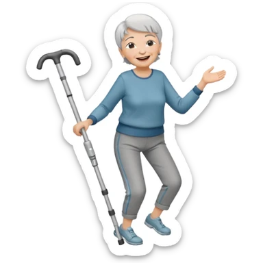 old woman with short hair, dressed with pants, langhing and dancing with crutches sticker