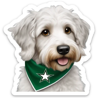 Aussiedoodle wearing a neck bandana with the NHL Dallas Stars hockey team logo sticker