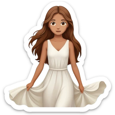 Girl with long brown hair wearing a flowing white dress, standing where the sea meets the mountains Montenegro in the background  sticker