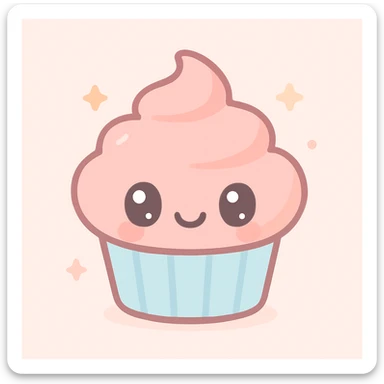 cupcake with pink icing, kawaii face, pastel colors sticker