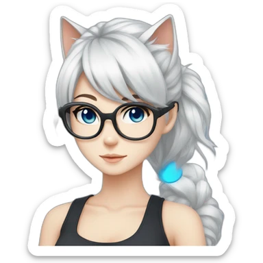 anime style white hair catgirl, black glasses, tank top, pony tail hair, blue eyes sticker
