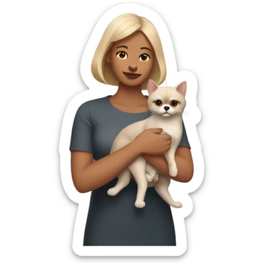 Woman in the right arm is holding a sphinx grey cat and in the left arm holding a Pomeranian dog sticker