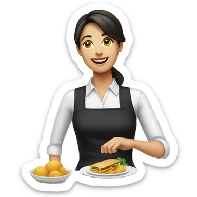 pretty female waiter showing food sticker