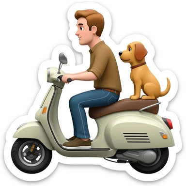 man and his pet dog riding a vespa sticker