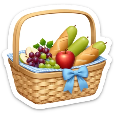 A white Picnic basket with pastel blue bow，contained baguettes and fruit, sticker