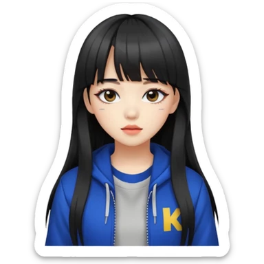 Portrait of a female K-pop idol, wearing a stylish streetwear outfit with layered clothing, long hair with bangs, makeup, cool face sticker