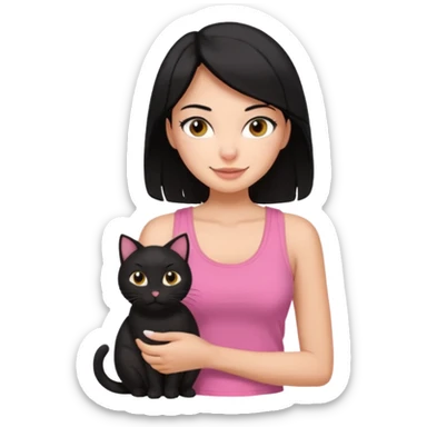 pretty woman with black hair and brown eyes, wearing a pink tank top, holding a black cat, cheerful expression sticker