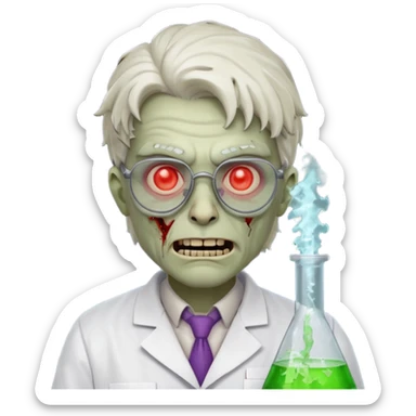 mad experiment zombie scientist portrait, head and shoulders only, exposed brain glow, broken glasses, evil grin, horror lab vibe, 3D cartoon, mobile game icon style, clean background, no text, no watermark
 sticker